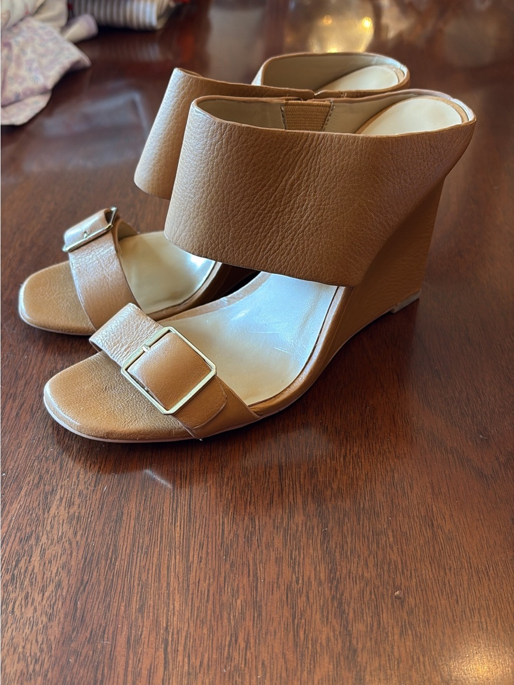 Ann Taylor Tan Wedge Sandals with Buckle Strap - Women
